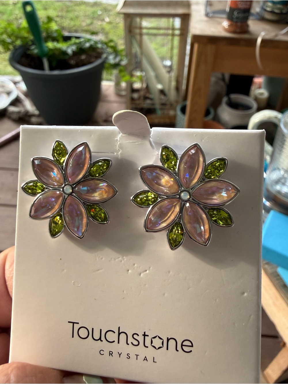 Touchstone Crystal Pink and Lime Green Floral Stud Earrings